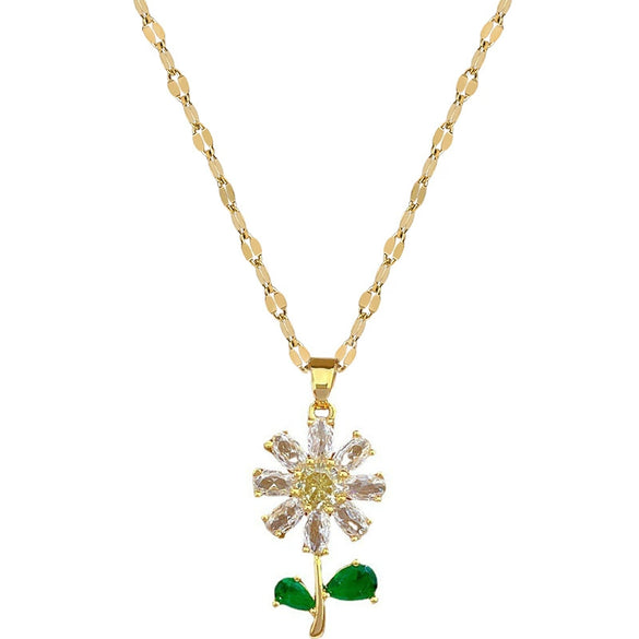 Titanium Steel Natural Style Geometric Green Leaf Flower Earrings Necklace Set With Electroplating For Women