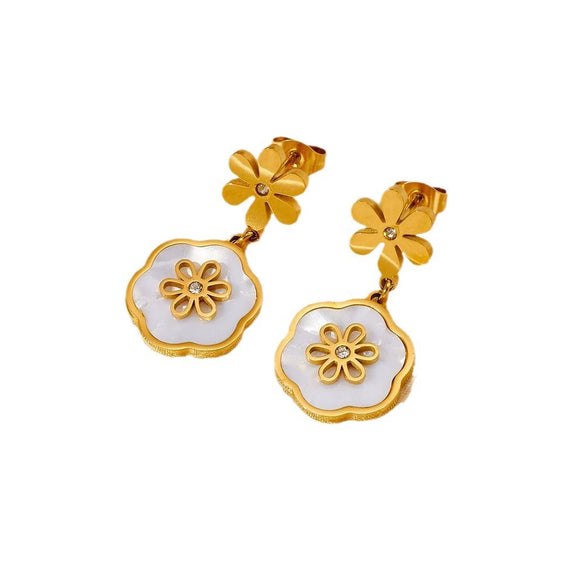 Titanium Steel Natural Style Geometric Plant Flowers Gold Plated Accessories Pendant Bracelet Necklace Earring Set For Women