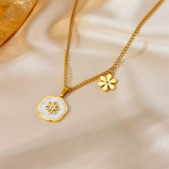 Titanium Steel Natural Style Geometric Plant Flowers Gold Plated Accessories Pendant Bracelet Necklace Earring Set For Women