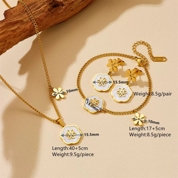 Titanium Steel Natural Style Geometric Plant Flowers Gold Plated Accessories Pendant Bracelet Necklace Earring Set For Women