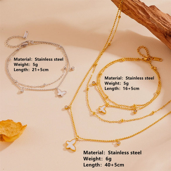 Titanium Steel Necklace Bracelet Set With Butterfly And Plant Flowers Design