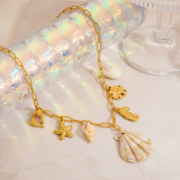 Titanium Steel Necklace With Conch Shell Starfish Pendant Geometric Shape Electroplated For Women