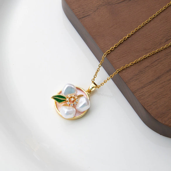Titanium Steel Necklace With Oil Pearl Flower Microinlaid Zircon Copper Pendant Electroplated With 18K Gold Geometric And Flower Pattern For Women