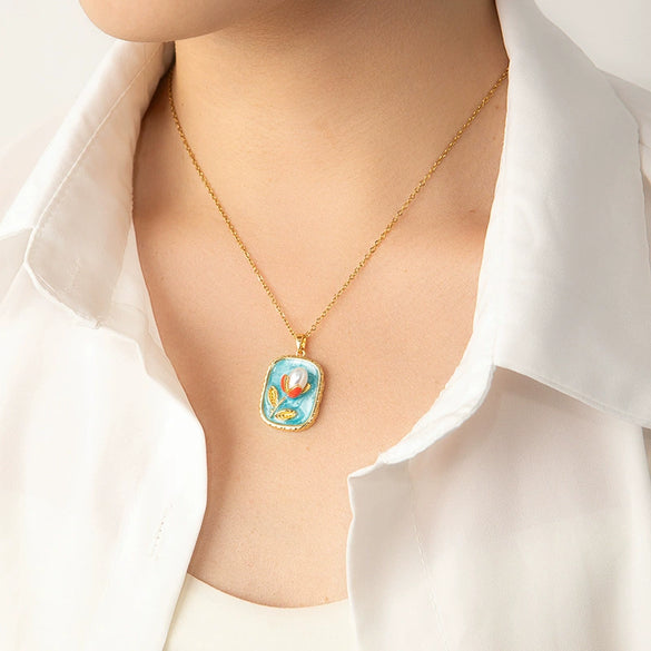 Titanium Steel Necklace With Three Dimensional Flower Design Inlaid Pearl Electroplated For Women