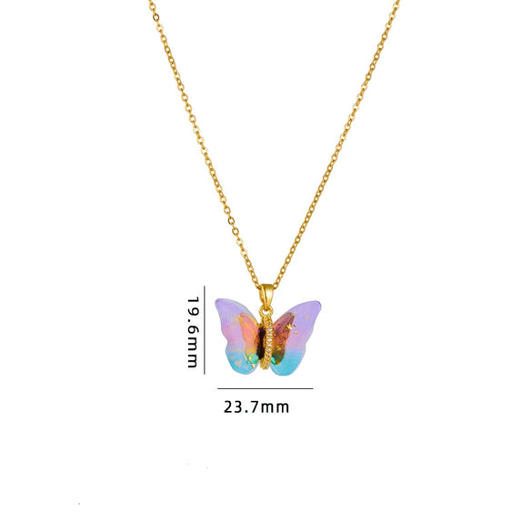 Titanium Steel O Chain Necklace For Women With Gold Plated Mixed Gemstone Inlay Simulation Butterfly Pendant In Light Luxury Style And Electroplating Treatment