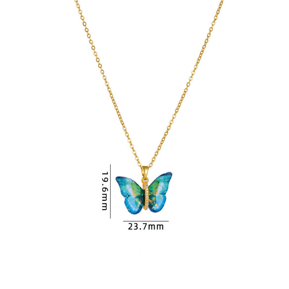 Titanium Steel O Chain Necklace For Women With Gold Plated Mixed Gemstone Inlay Simulation Butterfly Pendant In Light Luxury Style And Electroplating Treatment