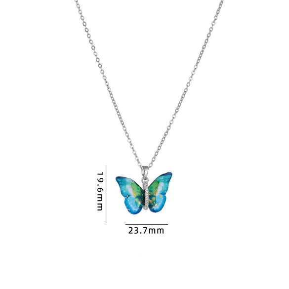 Titanium Steel O Chain Necklace For Women With Gold Plated Mixed Gemstone Inlay Simulation Butterfly Pendant In Light Luxury Style And Electroplating Treatment