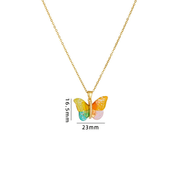 Titanium Steel O Chain Necklace For Women With Gold Plated Mixed Gemstone Inlay Simulation Butterfly Pendant In Light Luxury Style And Electroplating Treatment