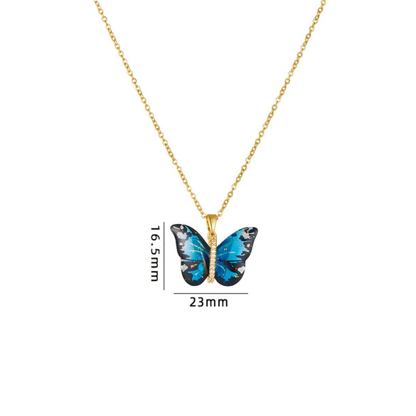 Titanium Steel O Chain Necklace For Women With Gold Plated Mixed Gemstone Inlay Simulation Butterfly Pendant In Light Luxury Style And Electroplating Treatment