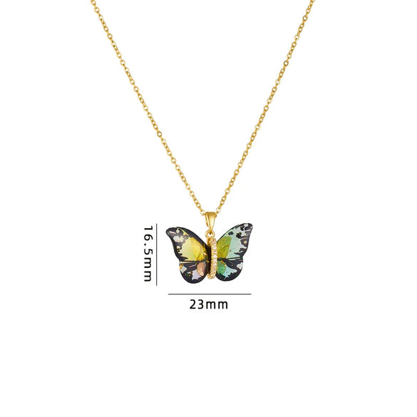 Titanium Steel O Chain Necklace For Women With Gold Plated Mixed Gemstone Inlay Simulation Butterfly Pendant In Light Luxury Style And Electroplating Treatment