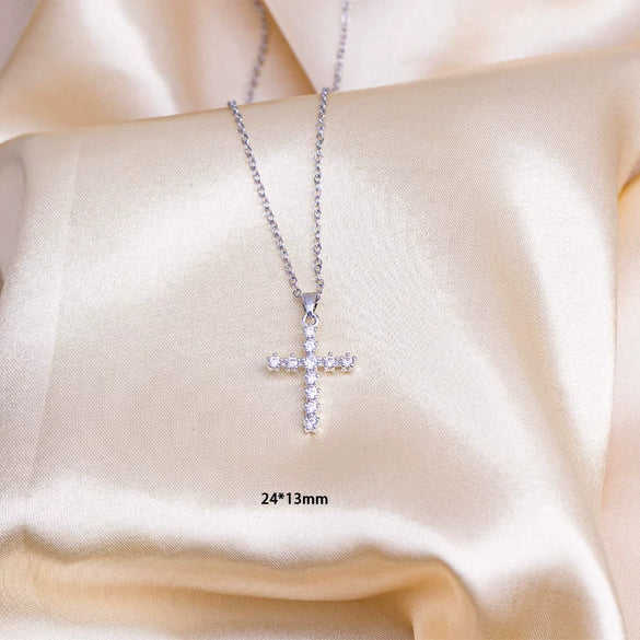 Titanium Steel O Word Chain Necklace With Cross Pendant Mixed Gemstone Setting Electroplating Design For Unisex