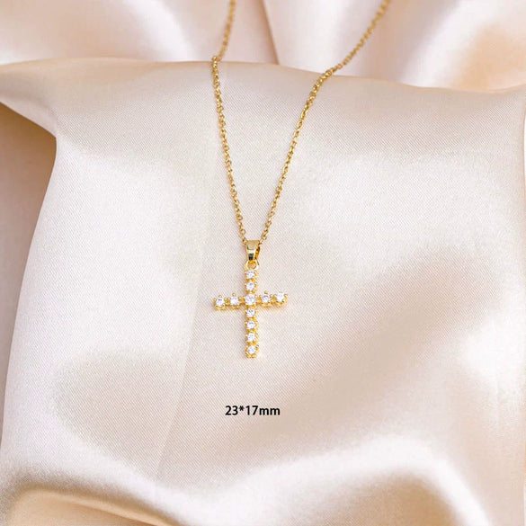 Titanium Steel O Word Chain Necklace With Cross Pendant Mixed Gemstone Setting Electroplating Design For Unisex