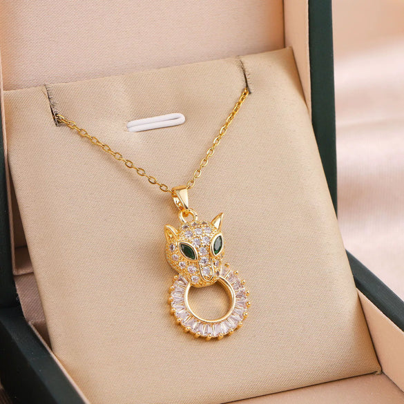 Titanium Steel Ochain Necklace With Mixed Gem Inlaid Pendant Geometric And Animal Pattern Electroplated