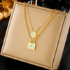 Titanium Steel Oil Dripping Lock Round Eye Pendant Double Chain Necklace With Electroplating Treatment