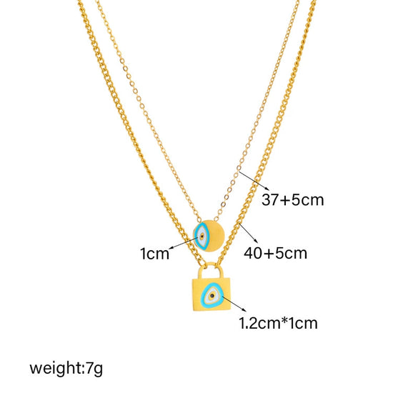 Titanium Steel Oil Dripping Lock Round Eye Pendant Double Chain Necklace With Electroplating Treatment