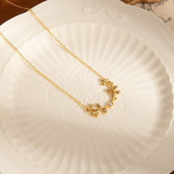 Titanium Steel Olive Leaf Inlaid Zircon Women's Fashion Allmatch Necklace With Electroplating