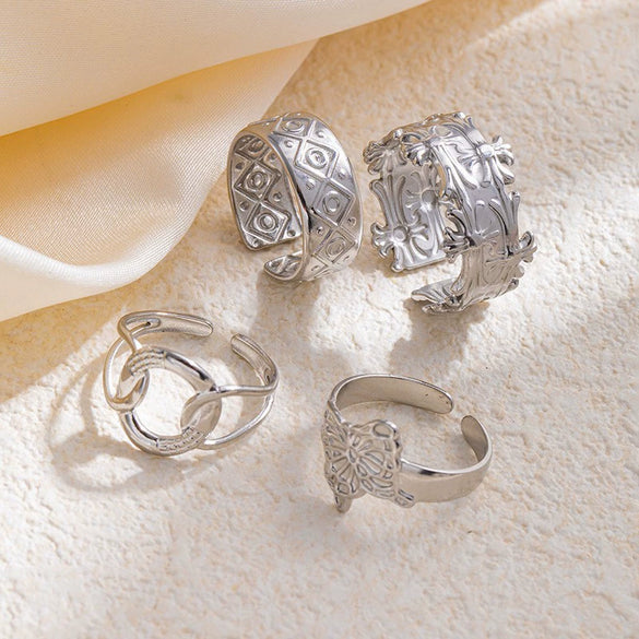 Titanium Steel Open Type Ring With Star Heart Shape Flower Leaves Letters And Numbers Pattern Electroplated