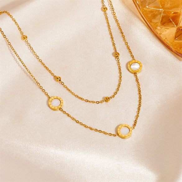 Titanium Steel Plant Flowers Pattern Round Double Layer White Shell Black Shell Women's Necklace Bracelet Anklet Set