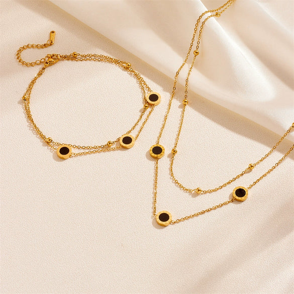 Titanium Steel Plant Flowers Pattern Round Double Layer White Shell Black Shell Women's Necklace Bracelet Anklet Set