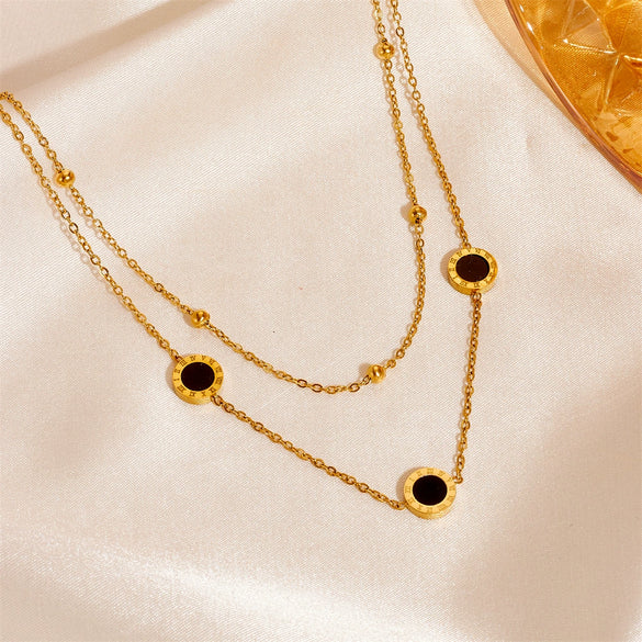 Titanium Steel Plant Flowers Pattern Round Double Layer White Shell Black Shell Women's Necklace Bracelet Anklet Set