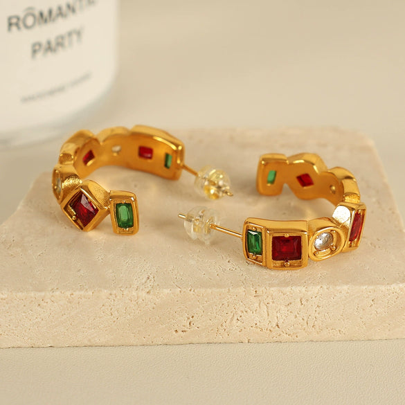 316L Stainless Steel Plated 18K Gold Natural Stone Square Geometric Style Women's Earrings