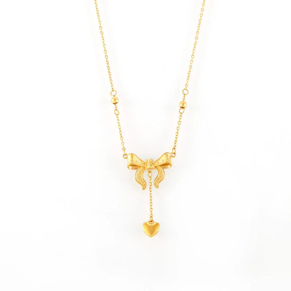 Titanium Steel Plated 18K Gold Women's Clavicle Necklace With Love Tassel Bow And Geometric Pattern