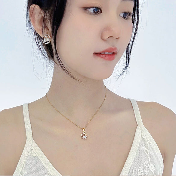 Titanium Steel Real Gold Electroplated Fivepointed Star Necklace Inlaid Zircon Pendant For Women