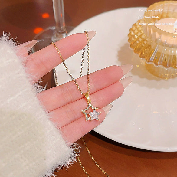 Titanium Steel Real Gold Electroplated Fivepointed Star Necklace Inlaid Zircon Pendant For Women
