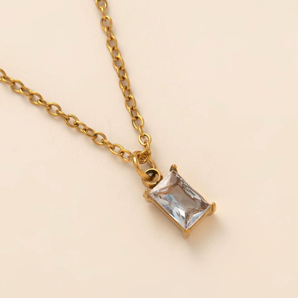 Titanium Steel Rectangular December Birthstone Pendant Necklace With Colorful Zircon Electroplated 18K Gold Color Retro Geometric Style Unisex