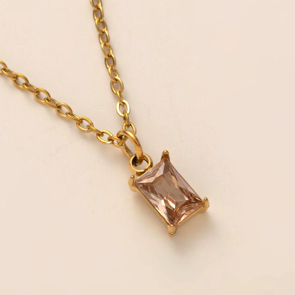 Titanium Steel Rectangular December Birthstone Pendant Necklace With Colorful Zircon Electroplated 18K Gold Color Retro Geometric Style Unisex