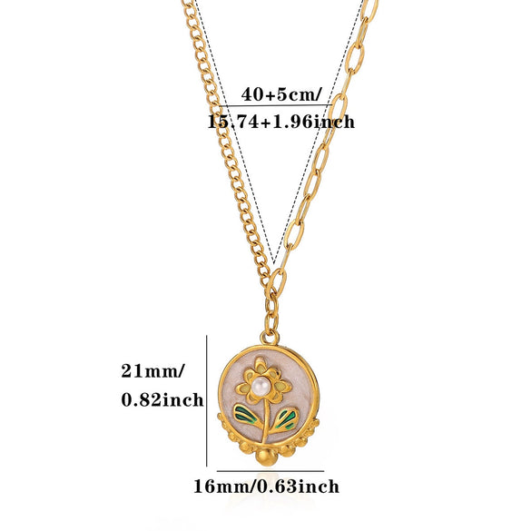 Titanium Steel Retro Floral Faux Pearl Round Pendant Necklace With Oildrop Enamel Finish And Link Chain