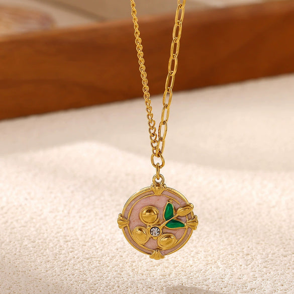 Titanium Steel Retro Floral Faux Pearl Round Pendant Necklace With Oildrop Enamel Finish And Link Chain