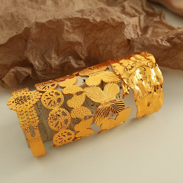 316L Stainless Steel Retro Floral Hollow Wide Bracelet With Heavy Metal Pattern And Golden Butterfly Life Tree Design Electroplated