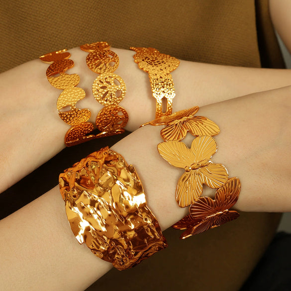 316L Stainless Steel Retro Floral Hollow Wide Bracelet With Heavy Metal Pattern And Golden Butterfly Life Tree Design Electroplated