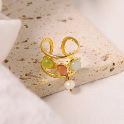 Wholesale Jewelry Retro Solid Color 304 Stainless Steel Pearl Gold Plated Inlay Rings