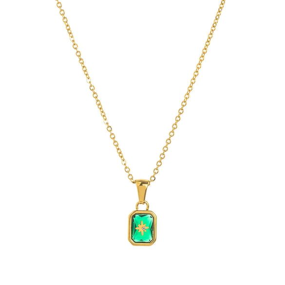 Titanium Steel Retro Minimalist Electroplated Birthstone Star Clavicle Pendant Necklace With O Word Chain
