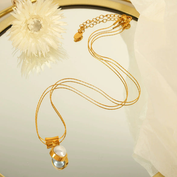 316L Stainless Steel Retro Pearl Necklace With Gold Plating For Women