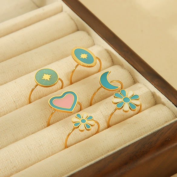 Titanium Steel Ring For Women Niche Style With Oil Dropping Treatment Heart Flowers Leaves Star Pattern