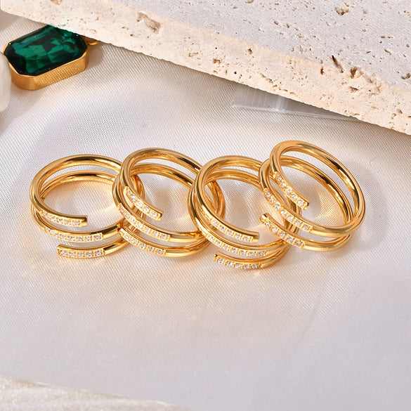 Titanium Steel Ring Geometric Style Three Layer Line Row Drill Opening Electroplated Women's Jewelry