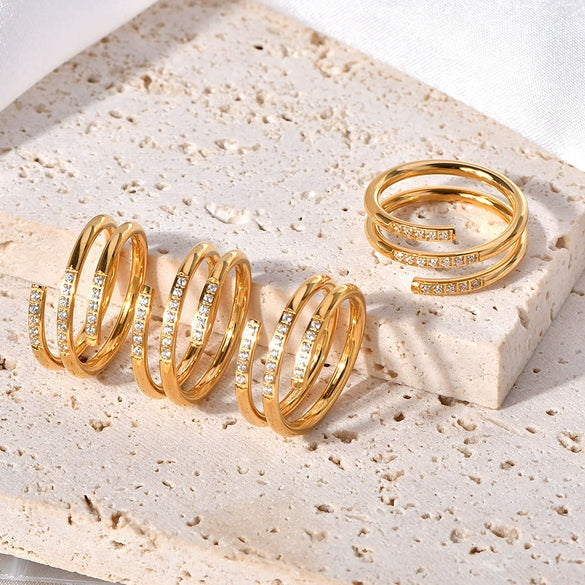 Titanium Steel Ring Geometric Style Three Layer Line Row Drill Opening Electroplated Women's Jewelry