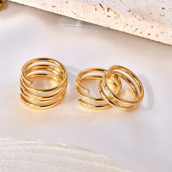 Titanium Steel Ring Geometric Style Three Layer Line Row Drill Opening Electroplated Women's Jewelry