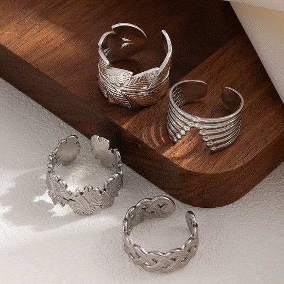 Titanium Steel Ring Leaves Love Hollow Design Geometric Electroplated Unisex