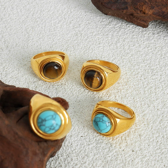 316L Stainless Steel Ring With Blue Turquoise And Geometric Design For Couples