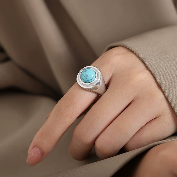 316L Stainless Steel Ring With Blue Turquoise And Geometric Design For Couples