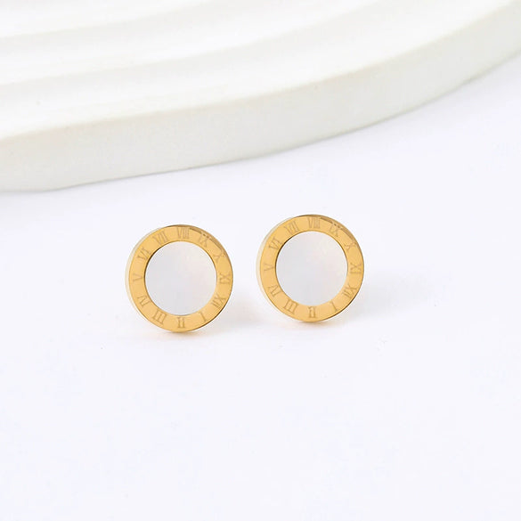 Titanium Steel Roman Round Earrings With Letters Numbers Text Geometric Style Electroplated
