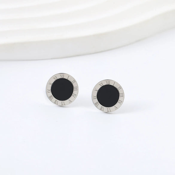 Titanium Steel Roman Round Earrings With Letters Numbers Text Geometric Style Electroplated