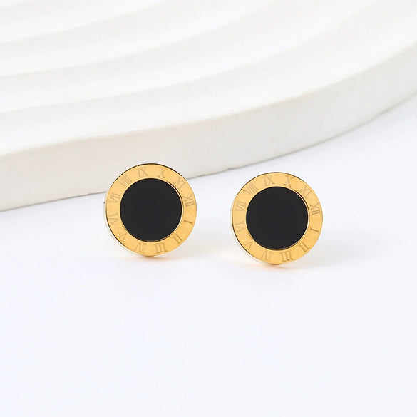 Titanium Steel Roman Round Earrings With Letters Numbers Text Geometric Style Electroplated