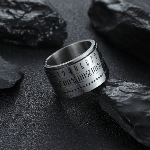 Titanium Steel Rotatable Ring With Arabic Digital Pattern Polishing Drip Treatment For Men And Unisex