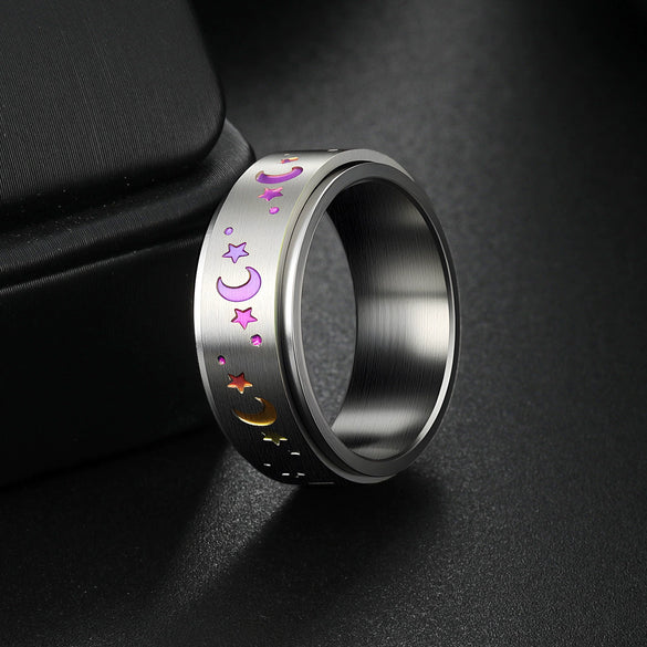 Titanium Steel Rotatable Ring With Stars And Moon Geometric Pattern For Unisex Apply Oil Treatment