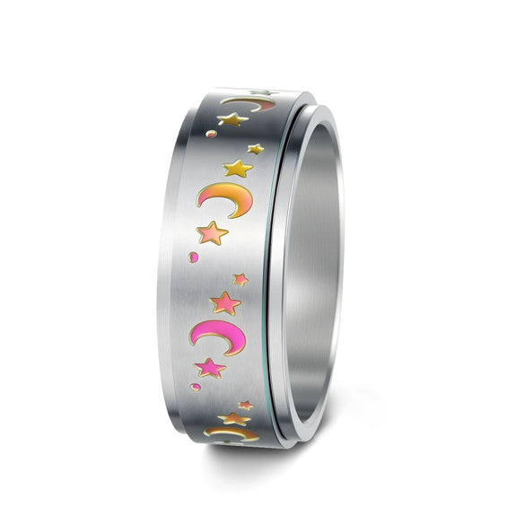 Titanium Steel Rotatable Ring With Stars And Moon Geometric Pattern For Unisex Apply Oil Treatment